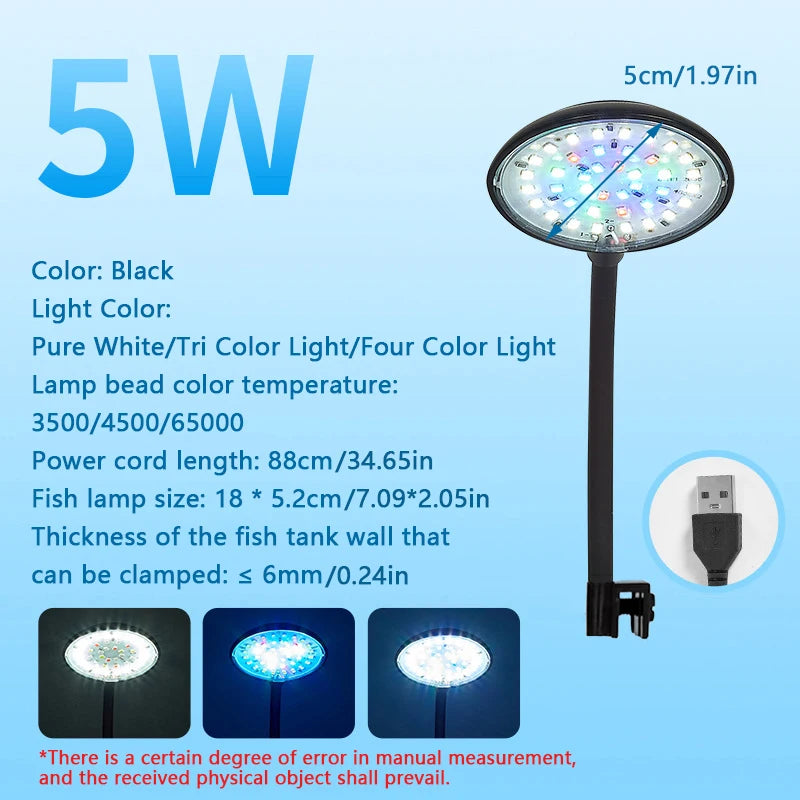 Schwarzes LED-Fischaquarium-Licht mit 5W Leistung, erhältlich in reinweißem, trikolor oder vierfarbigem Licht.
