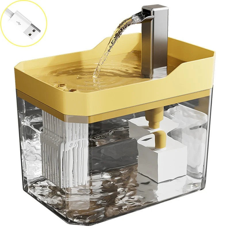 A yellow automatic USB cat water fountain with a stainless steel spout is shown pouring water into a clear container.