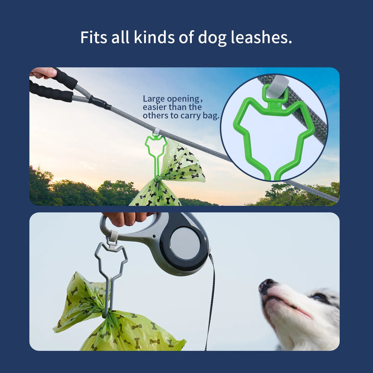 A hands-free dog poop bag dispenser with a leash clip is shown next to a dog's nose.