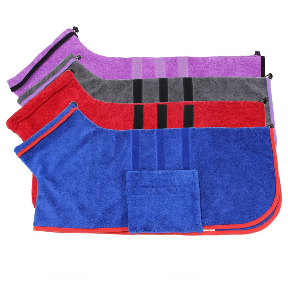 A stack of colorful quick-dry microfiber dog robes for large breeds in various shades of purple, gray, red, and blue.