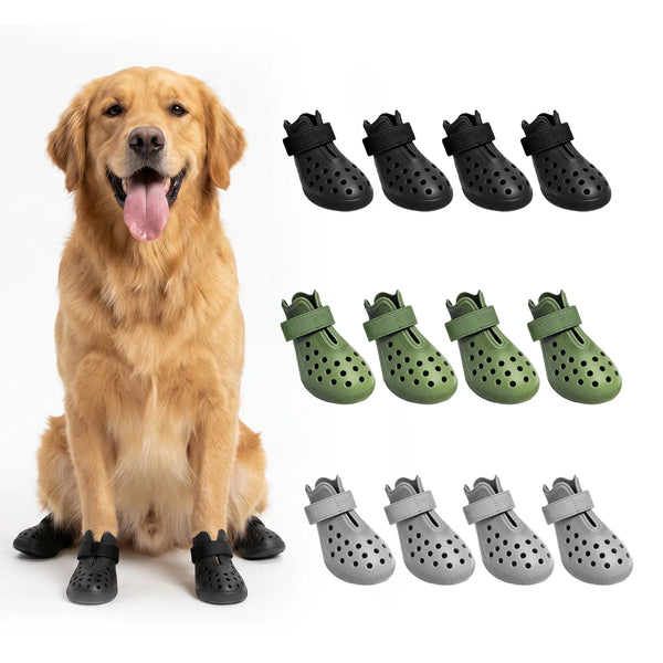 A collection of black and olive green waterproof silicone pet rain boots for dogs.