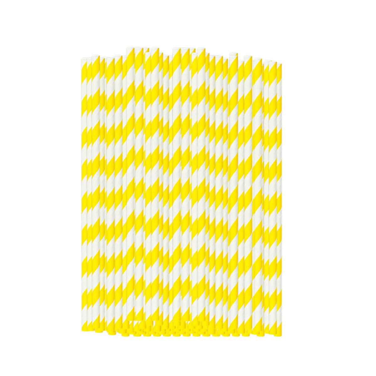 A pack of 100 white and yellow striped biodegradable paper straws.
