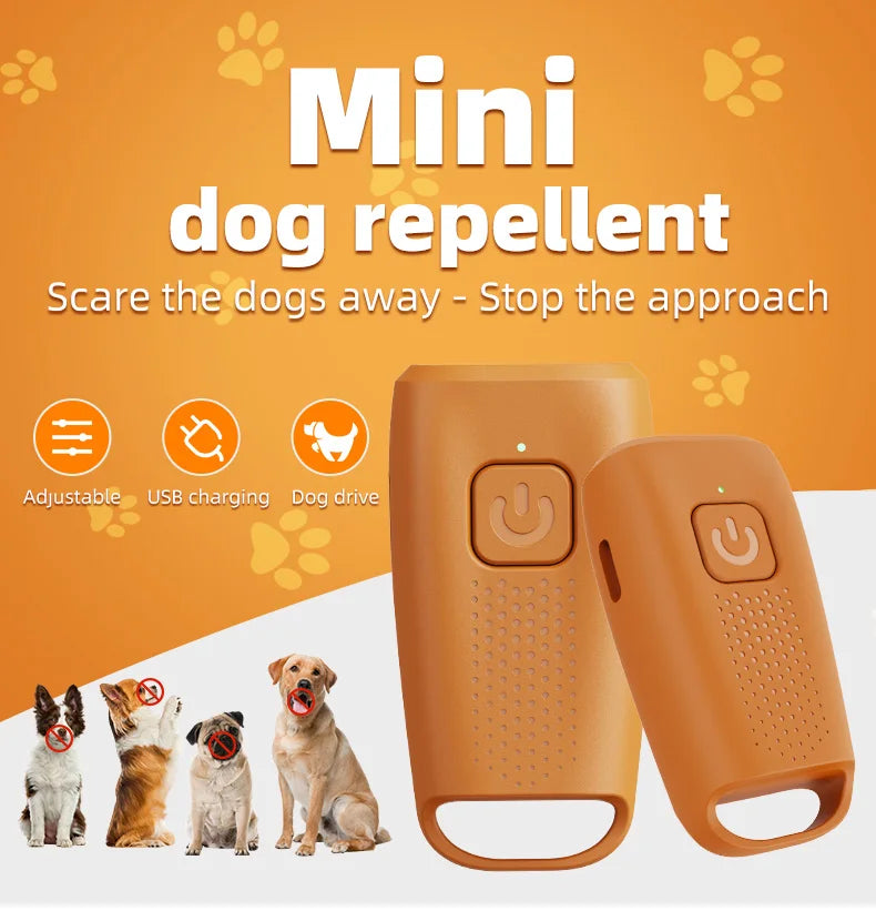 A pair of orange ultrasonic dog repellent devices shown next to several dogs.
