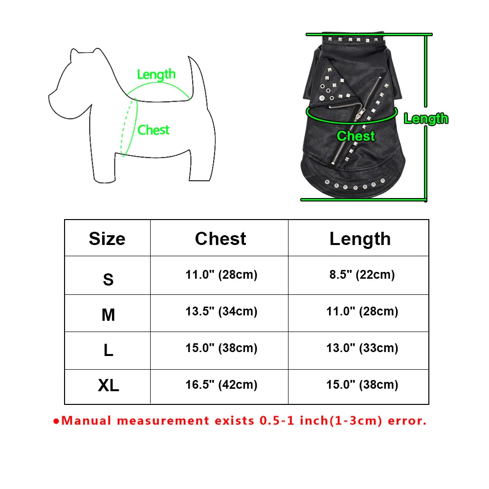 Diagram showing measurements for a classic PU leather dog jacket, including chest and length dimensions for sizes S through X