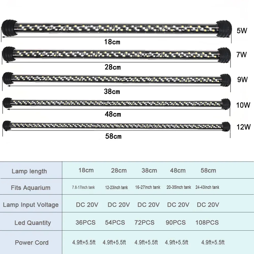 Una serie de tiras de luz LED para acuarios sumergibles con diferentes longitudes y vatios, de 18 cm a 58 cm.