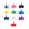 A collection of colorful bone-shaped dog waste bag dispensers in various colors like gray, pink, yellow, green, blue, and pur