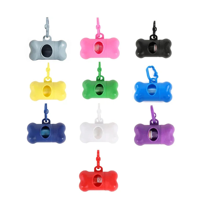 A collection of colorful bone-shaped dog waste bag dispensers in various colors like gray, pink, yellow, green, blue, and pur