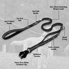 A tactical dog leash for large breeds showing various components like seat belt buckle, leash, and carabiner clip.