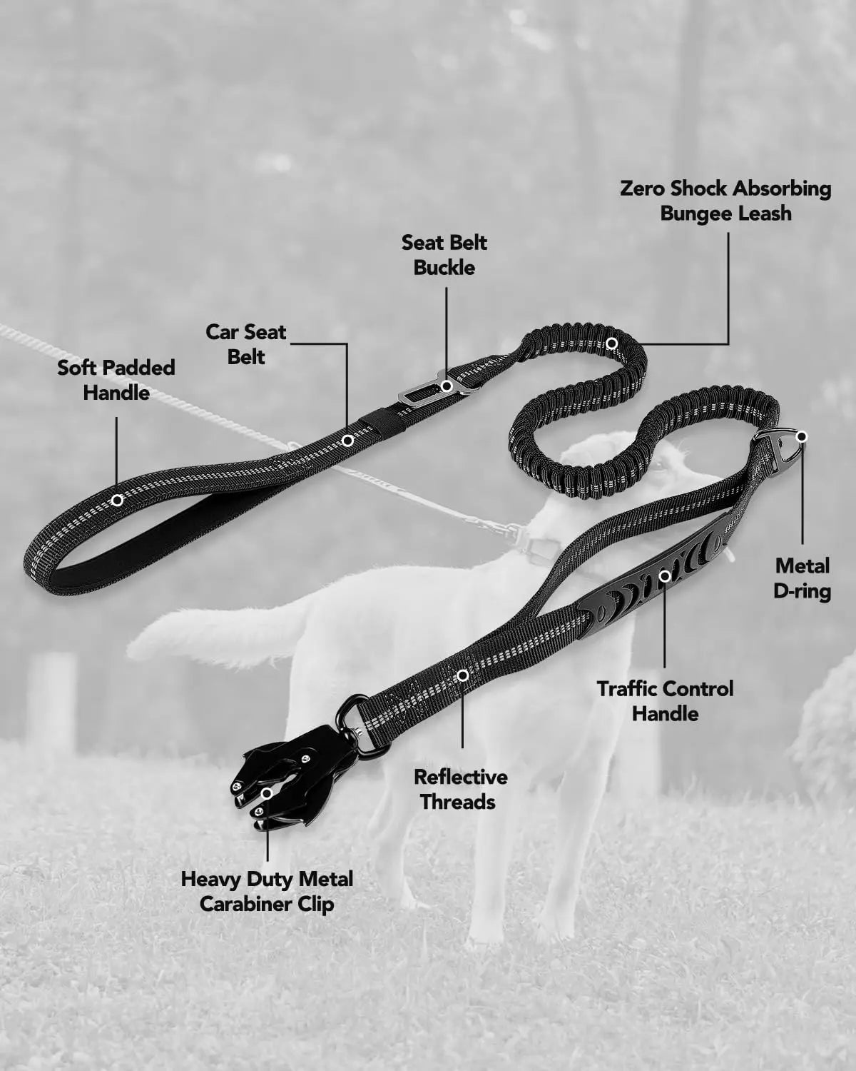 A tactical dog leash for large breeds showing various components like seat belt buckle, leash, and carabiner clip.