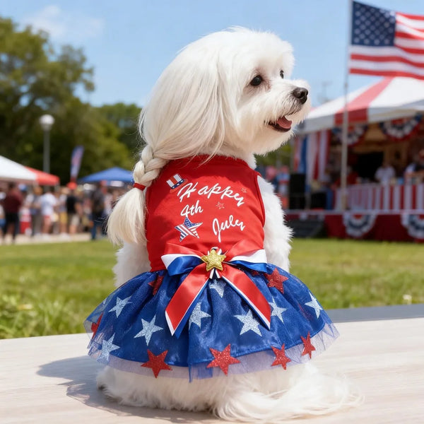 A white dog wearing a patriotic mesh dress featuring red, white, and blue stars and stripes.