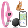 A pink waterproof GPS pet tracker collar for cats and small dogs shown next to a cat and a smartphone displaying tracking inf