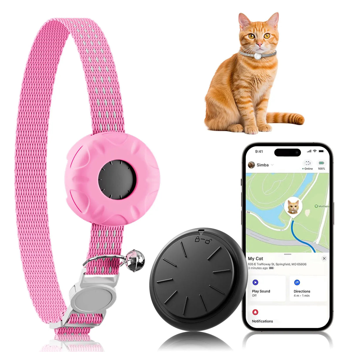 A pink waterproof GPS pet tracker collar for cats and small dogs shown next to a cat and a smartphone displaying tracking inf