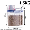 A clear airtight pet food storage container with a measuring cup, labeled 1.5KG.