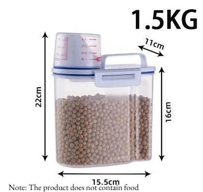 A clear airtight pet food storage container with a measuring cup, labeled 1.5KG.