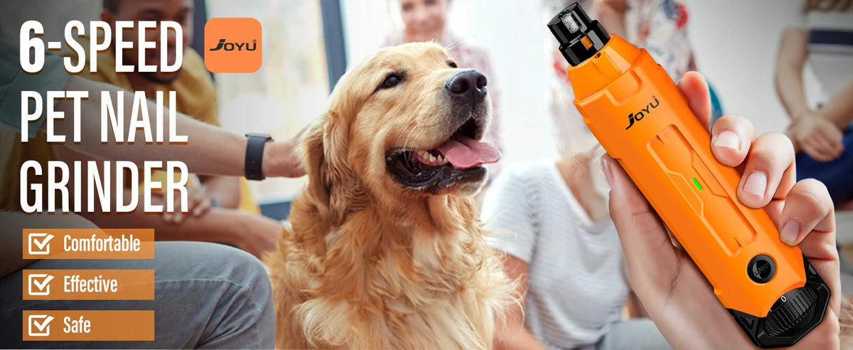 A person is using an orange 6-speed pet nail grinder on a dog's paw.