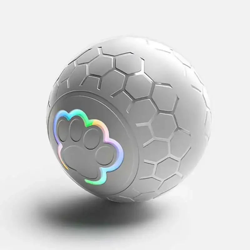 Graue sechseckige Spielball mit Pfotenspuren-Design, leicht schräg dargestellt.