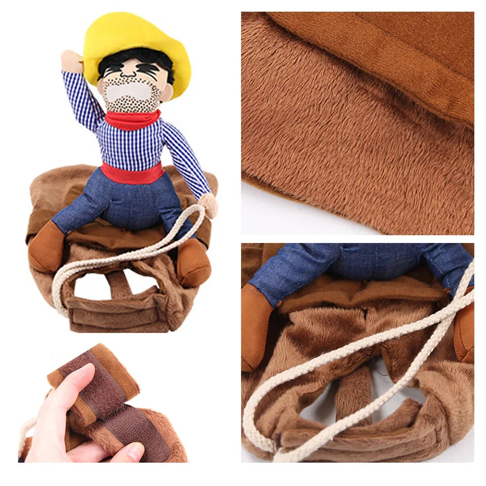 A plush toy dressed as a cowboy, next to a brown dog jacket and accessories.