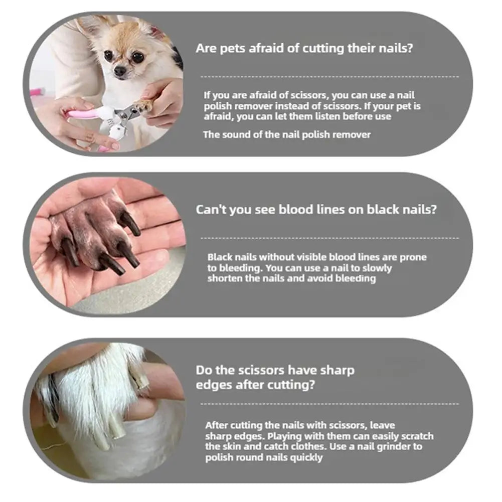 Productos de cuidado de uñas para mascotas, incluyendo removedor de esmalte, uñas negras y tijeras para cortar uñas.