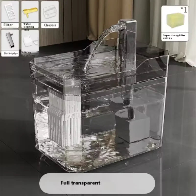 A full transparent automatic USB cat water fountain with a clear cube design and filter components visible.