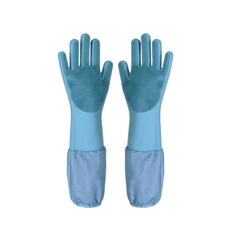 A pair of light blue pet grooming gloves for dogs and cats, shown against a white background.