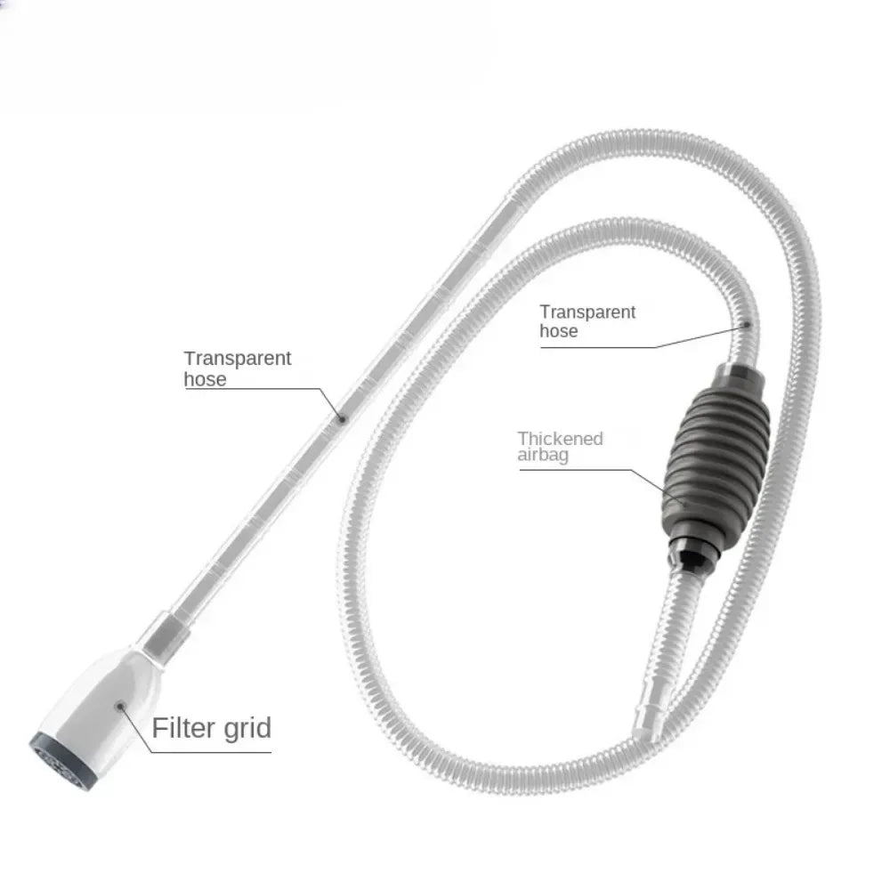 A clear silicone hose connected to a filter grid and a thickened airbag, used for aquarium gravel cleaning.