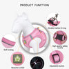 A pink mesh dog harness is shown with various features including soft binding, a beautiful logo, and an adjustable buckle.