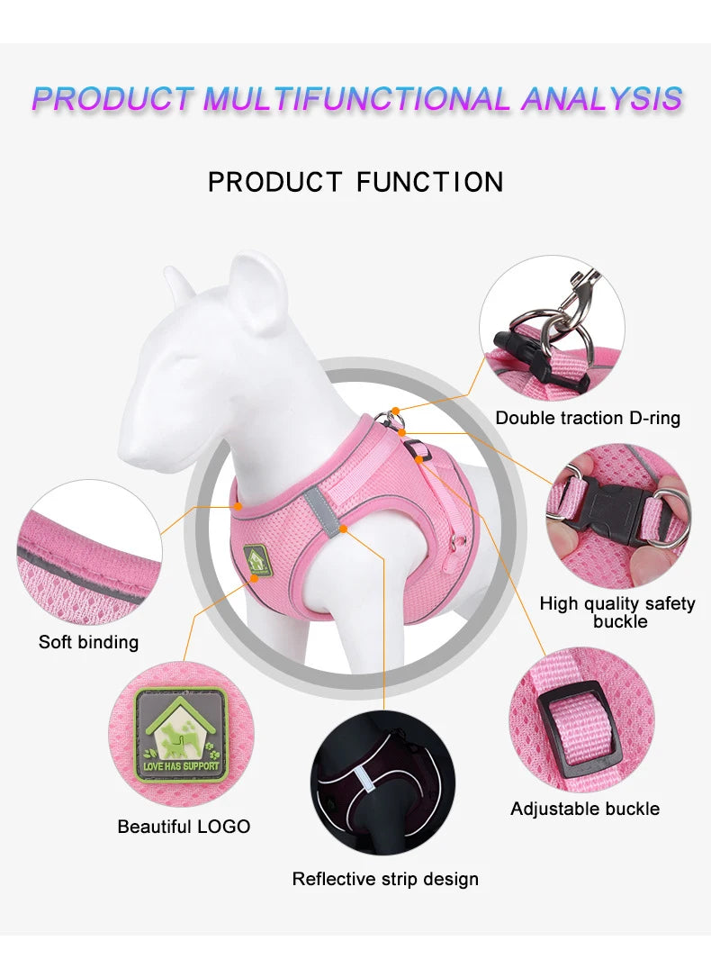 A pink mesh dog harness is shown with various features including soft binding, a beautiful logo, and an adjustable buckle.