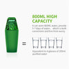A green 800ml water filter bottle shown next to four glasses of purified water.