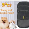 Three pairs of two-way pet hair removal brushes shown next to a fluffy dog and a cat.
