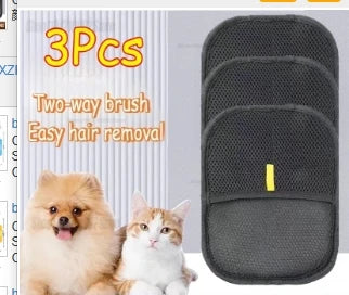 Three pairs of two-way pet hair removal brushes shown next to a fluffy dog and a cat.