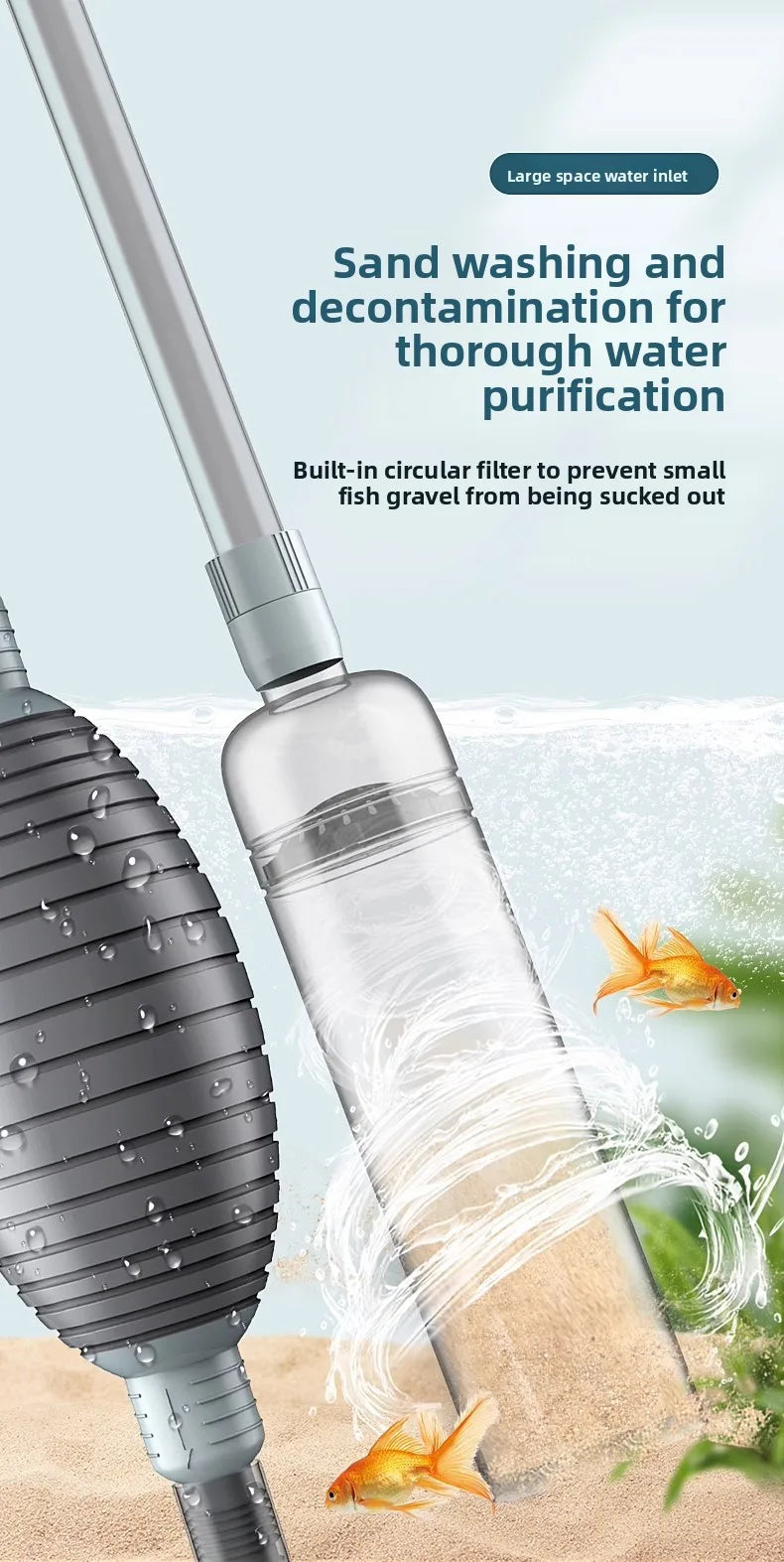 Un siphon d'eau clair avec une grande entrée, utilisé pour nettoyer le sable et retirer les graviers de poissons d'un aquariu