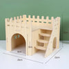 A natural wooden hamster house and activity platform with a castle-like design and integrated stairs.