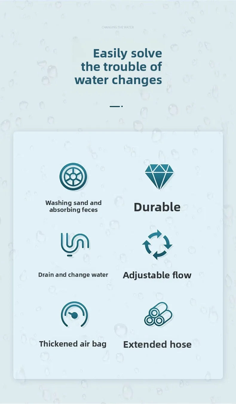 Ensemble d'outils pour nettoyer l'eau des aquariums, incluant un outil de lavage, un objet dur en forme de diamant, un draine