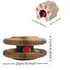 A brown foldable accordion cat scratcher with a bell and catnip inside.