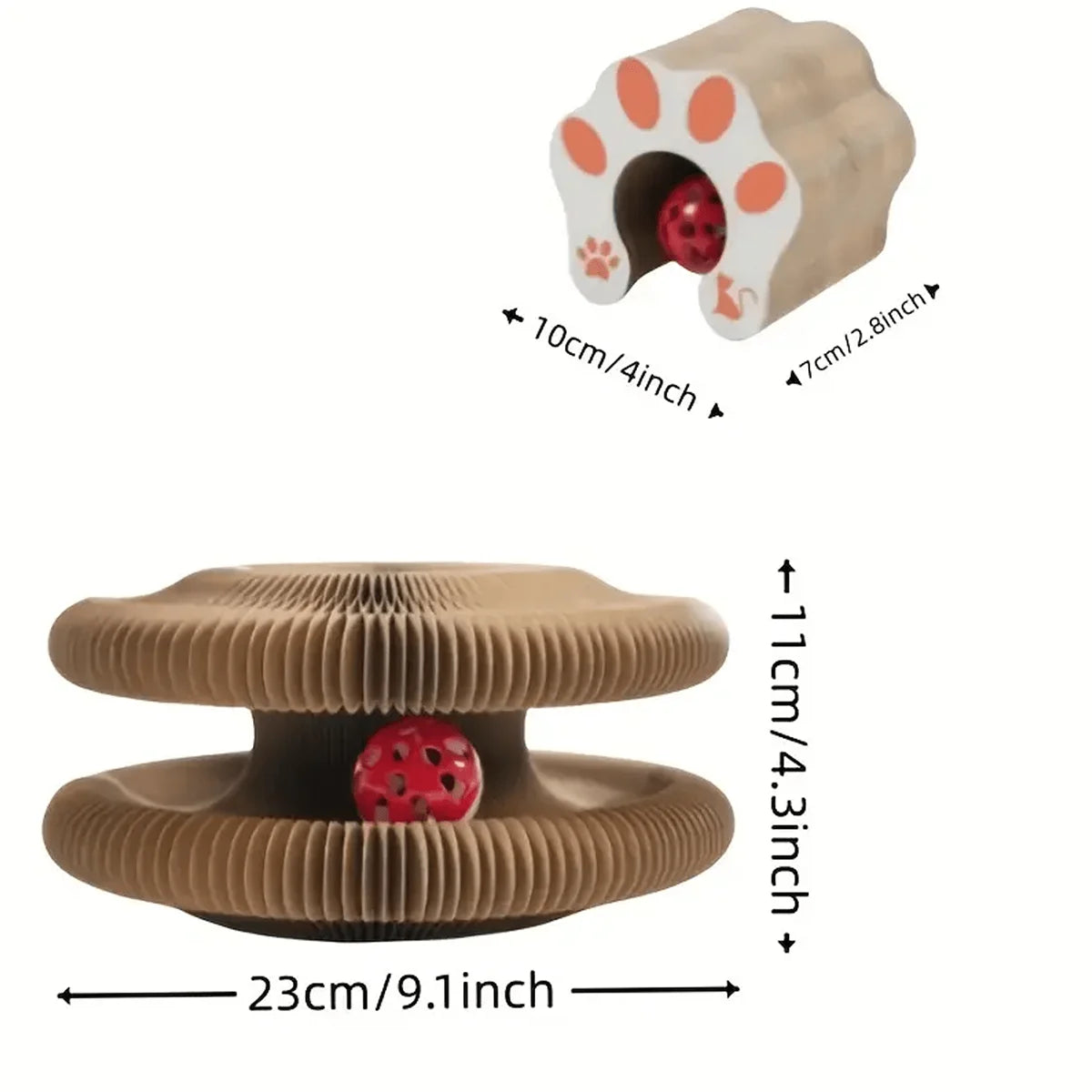 A brown foldable accordion cat scratcher with a bell and catnip inside.