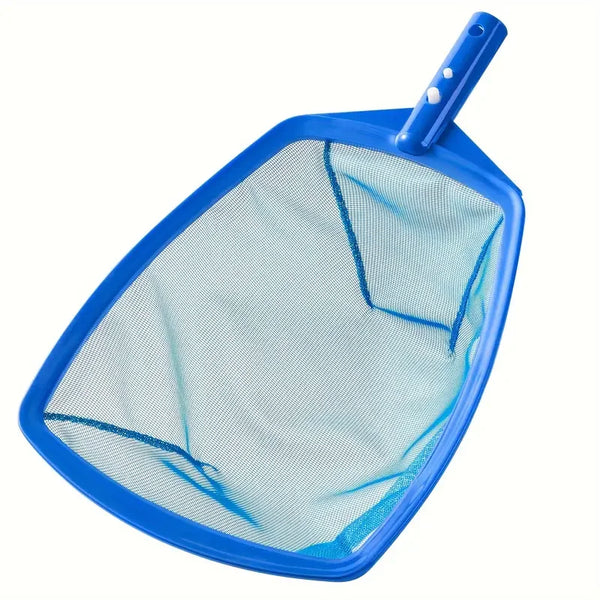 Blue pool leaf skimmer net with a handle for easy debris removal