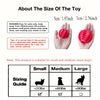 A sizing guide showing small, medium, and large dog silhouettes corresponding to weight limits for a durable chew ball produc