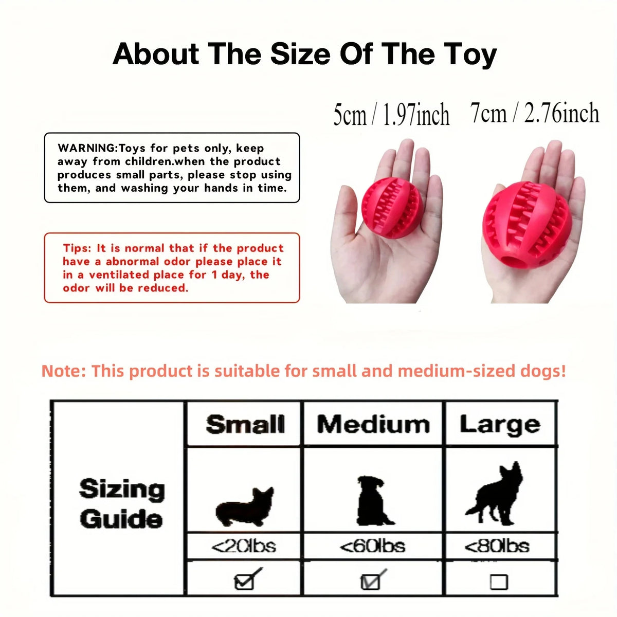 A sizing guide showing small, medium, and large dog silhouettes corresponding to weight limits for a durable chew ball produc