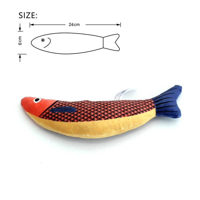 A realistic orange and black fish plush toy designed as a catnip toy.