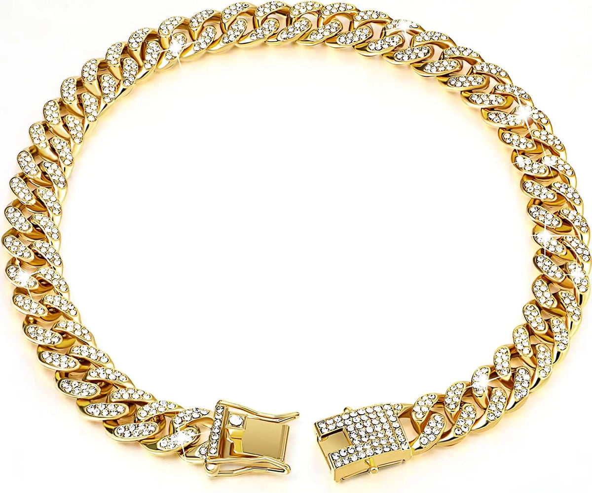 Collier en chaîne cubaine de cristal or pour chats avec fermoir.