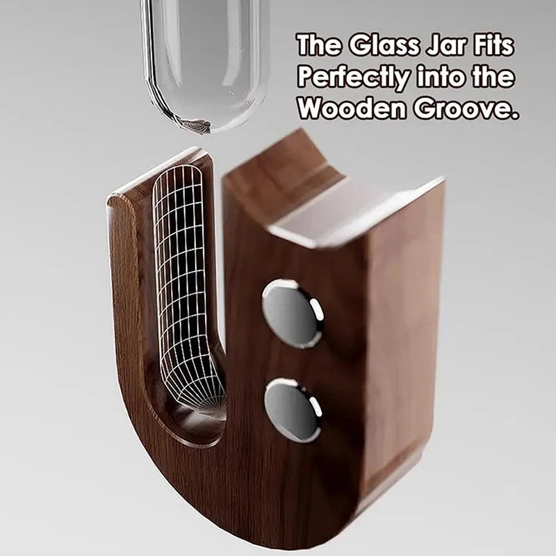 A glass jar fits perfectly into a wooden groove, demonstrating the fit of the Pet Whisker Collector Vase.