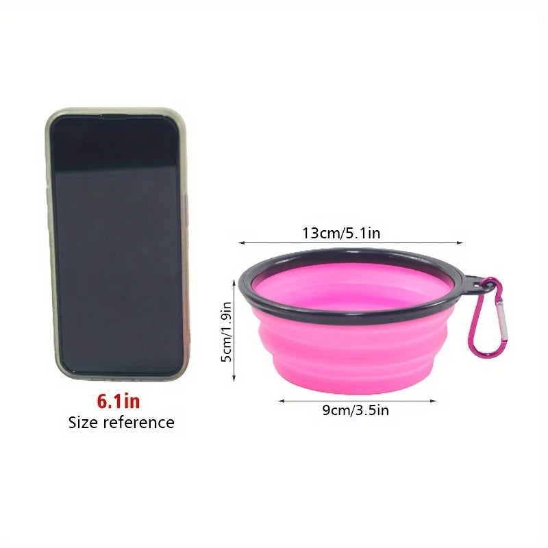 A pink silicone dog travel bowl and a black rectangular silicone container are shown with size references.