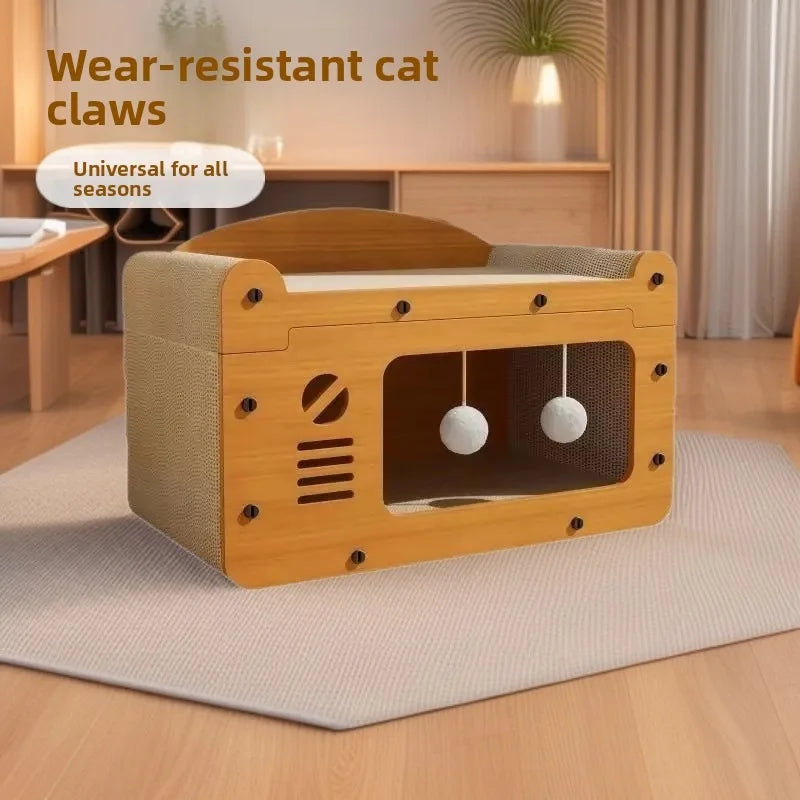 A wooden cat scratcher house and lounge bed with a mesh enclosure and soft bedding on a light rug.