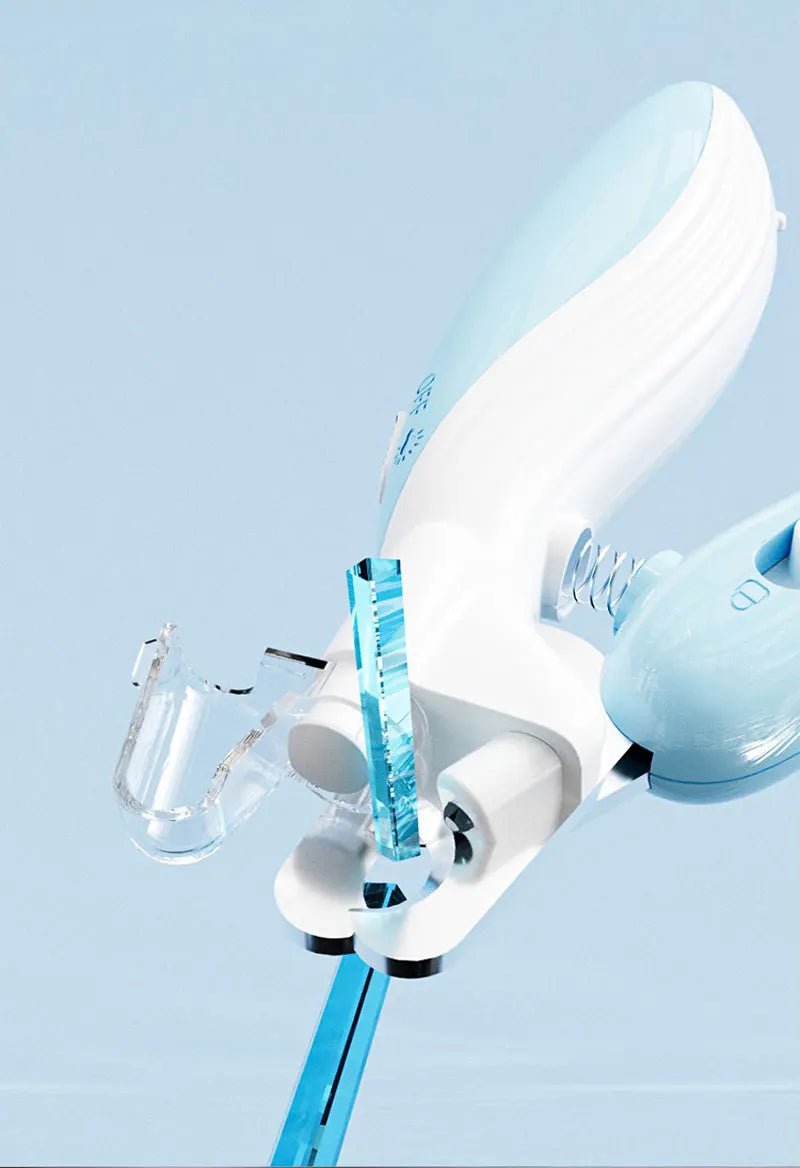 A white and light blue LED pet nail clipper is shown in a close-up view.