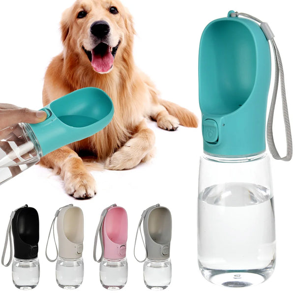A portable leakproof dog water bottle with a built-in bowl shown in various colors and angles.