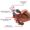 A hand holds a stainless steel pet nail clipper demonstrating features like a cutter guard, round tip design, non-slip grip, 