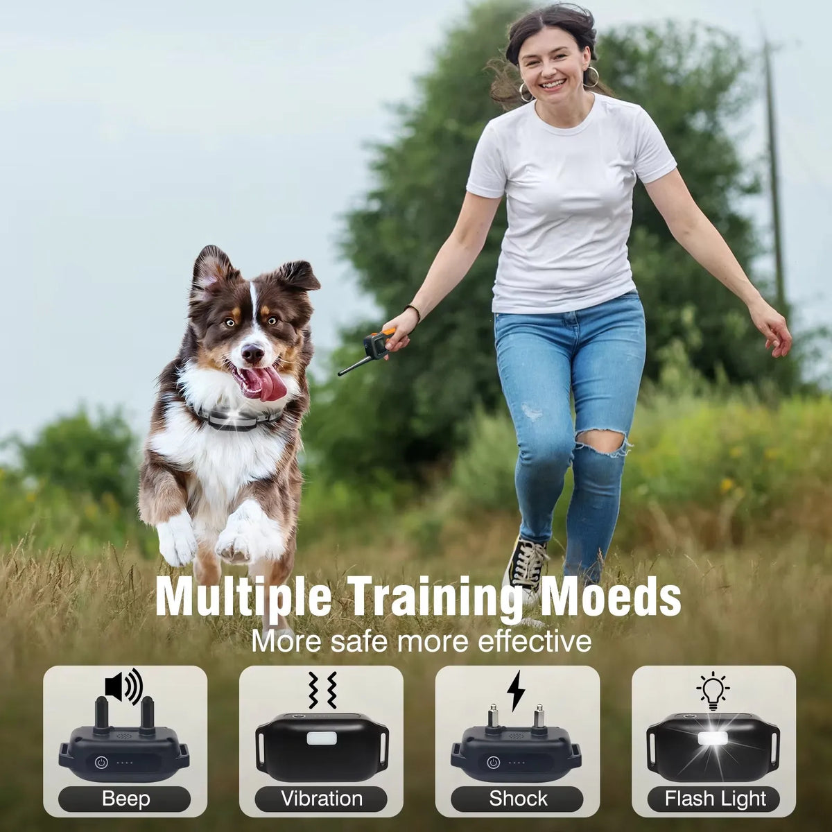 A woman is outdoors with a dog, demonstrating a remote training collar with four modes: Beep, Vibration, Shock, and Flash Lig