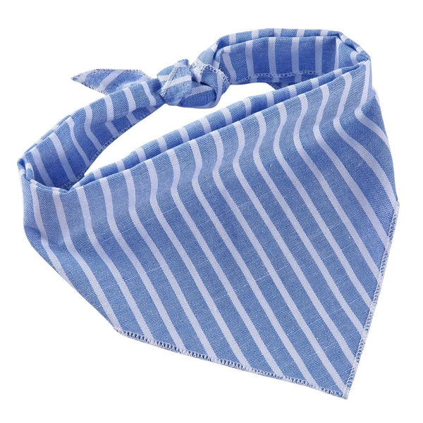 Blue and white striped cotton dog bandana with an adjustable fit
