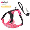 A pink and black striped dog harness and leash set with a metal clip.