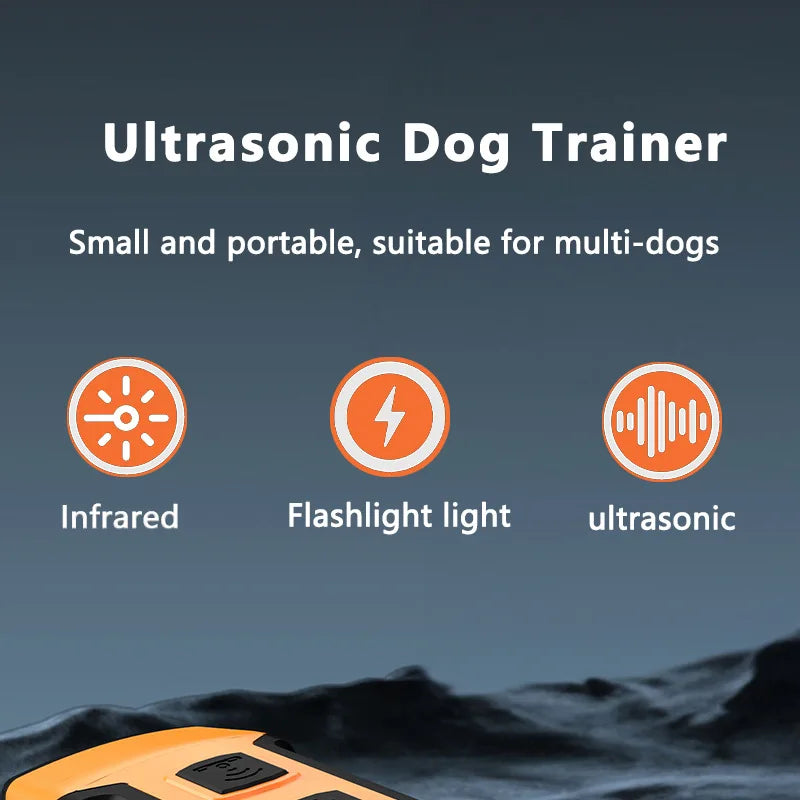 An overhead view of an orange ultrasonic dog trainer device with infrared and flashlight light features.